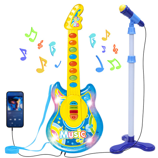 JoyStone Guitar and Microphone Set for Kids with Music & Colorful Light, Adjustable Height Microphone with Stand, Guitar Toys for Boys and Girls, Blue