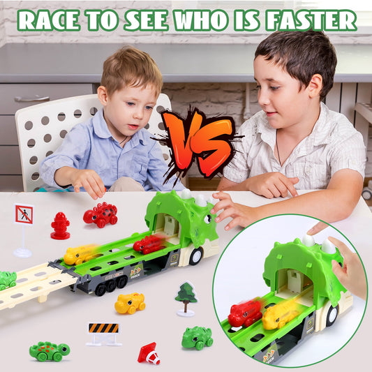 JoyStone 23 in 1 Dinosaur Hauler Truck with 2 Ejection Race Track, Foldable Ejection Track Dinosaur Toy Cars for Toddlers 2-5 Years Old, Toy Trucks w/Sound, 10 Dino Cars & 12 Road Signs, Green