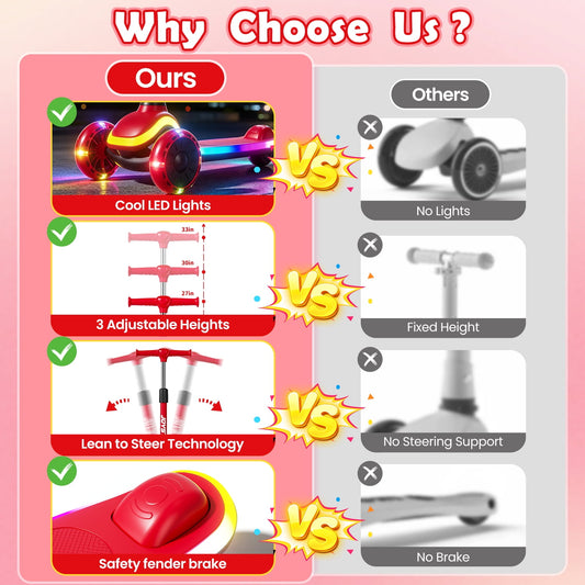 JoyStone Kick Scooter for Kids with LED Light Wheels & Music, 3 Adjustable Height Handlebars, Lean-to-Steer Technology, 3 Wheel Scooter for Toddlers Girls Boys Up to 110 Lbs, Red