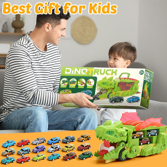 JoyStone 20-in-1 Dinosaur Transport Truck with Cars, City Hauler Vehicle Playset, Dino Toy Gift for Kids Ages 3+