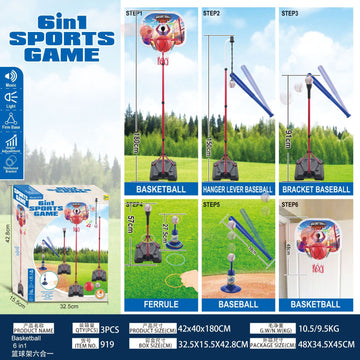 JoyStone 6 in 1 Kids Basketball Hoop and T Ball Set Ring Toss Game, Toddler basketball hoop with Electronic Scoreboard Music and LED Lights, Sports Gifts Toys for Boys Girls