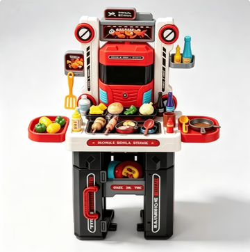 WonderStone 2-in-1 Kids Play Kitchen & BBQ Grill Food Cooking Toy Set with Lights & Sounds, Foldable Playset Converts into Storage Truck, Pretend Toy Gift for 3-6 Year Old Boys & Girls