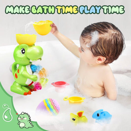 JoyStone 9 PCS Dinosaur Bath Toy with Colorful Spin Wheel Mini Dinosaur and Stacking Cup Watering Bottle Toy for Toddler Boys Girls, Green