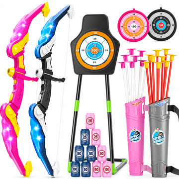 WonderStone 2-Pack Bow and Arrow for Kids, LED Light-Up Archery Set with 20 Suction Cup Arrows, Standing Target & Quiver, Outdoor Yard Games Toys for Ages 4-13