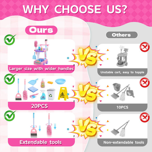 JoyStone Kids Cleaning Set Toys, 20PCS Pretend Play Housekeeping Supplies Kit Complete Includes Sweeping Broom, Duster, Dustpan, Brush, Rag, Housekeeping Cart Toys Gift for Kids, Pink