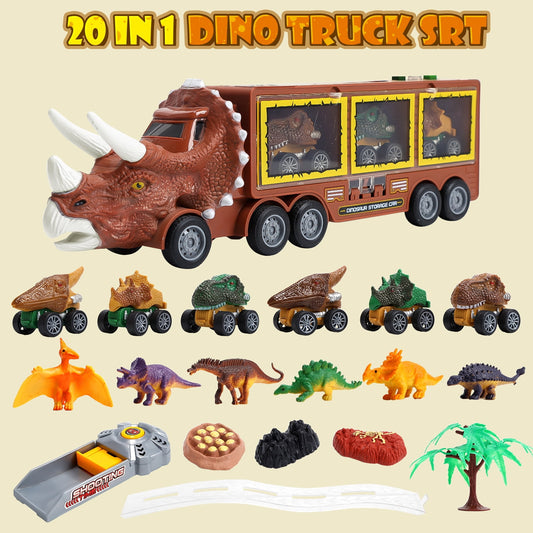 JoyStone Dinosaur Toys with Light, Music & Roar Sound, Dino Toddler Toys Including Toy Truck, Pull Back Dinosaur Cars, Mini Dinosaur Figures & Slide, Christmas Gift, Brown