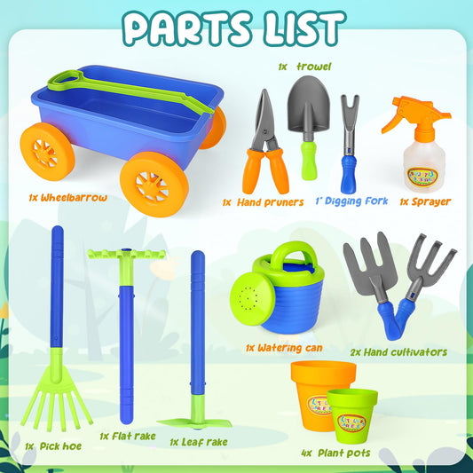 JoyStone Kids Gardening Tools Set, 15 PCS Metal Gardening Set Include Child Safe Rake Shovel with Apron Gloves Watering Can Outdoor Toys Gift for Boys and Girls