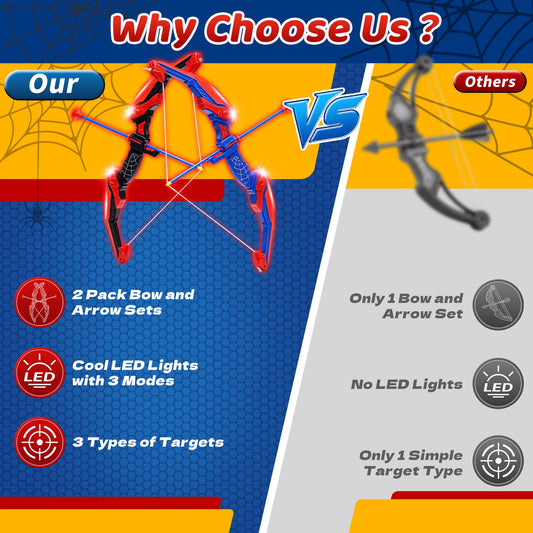 JoyStone 2 Pack Bow and Arrow for Kids, LED Light Up Archery Set with 20 Suction Cup Arrows, 1 Standing Target, 6 Target Cans and 2 Quiver, Indoor Outdoor Sport Gifts for Boys Girls