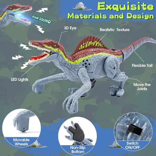 JoyStone Remote Control Dinosaur Toys, Gesture Sensing RC Dinosaurs - Realistic Walking, Roaring, and Spraying Spinosaurus Toys - Light up and Shaking Head and Tail Robot Dinosaur for Kids (Grey?¨º?