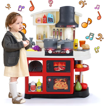 JoyStone 52PCS Kids Kitchen Playset, Play Kitchen Toy with Realistic Lights & Sounds & Spary, Cookware Steam Pressure Pot, Range Hood, & Other Kitchen Accessories Set for Toddlers, Red