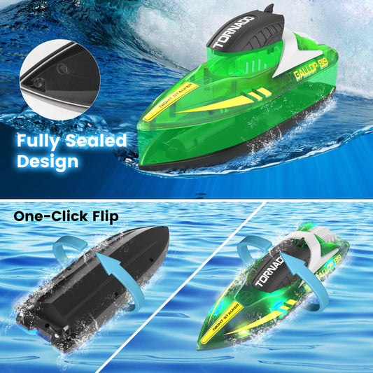 JoyStone RC Boat for Pools and Lakes, 2.4G Remote Control Boat with LED Lights, Racing Boats for Kids & Adults with 2 Rechargeable Battery, Gifts for Boys Girls (Green)