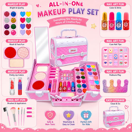 JoyStone Kids Makeup Kit for Girls, Portable Pretend with Carry Case, Built-in Mirror, Colorful Eye Shadows, Brushes, Play Toy Gift for Kids Ages 3+