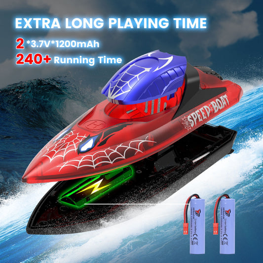 JoyStone RC Boat for Pools and Lakes, 2.4G Remote Control Boat with LED Lights, Racing Boats for Kids & Adults with 2 Rechargeable Battery, Gifts for Boys Girls (Red)