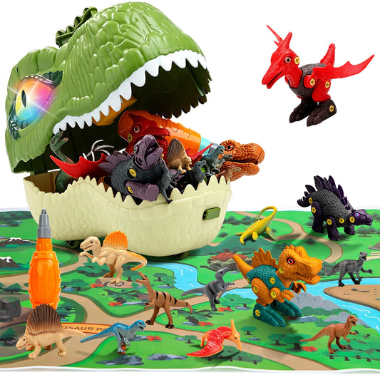JoyStone Dinosaur Toys with Light & Sound for Kids, Realistic Dino Figures Set with 3 Pack Take Apart Dinosaur Toys, Electric Drill & Map, Great Gift for Toddler Boys & Girls