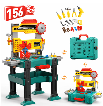 WonderStone 3-in-1 Kids Tool Bench with Electric Toy Drill, 155 PCS Construction Tool Box & Workbench, Mechanic Pretend Play Set with Worker Costume, Gift for Ages 3-7, Green