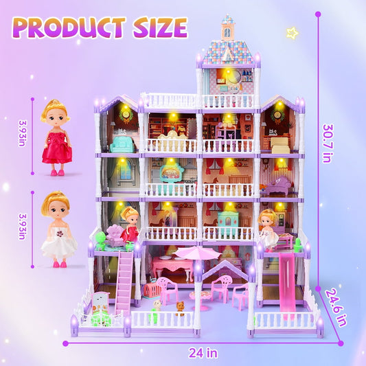 JoyStone Dollhouse for Girls, 19 Rooms Huge Dollhouse Playset with LED Lights, 2 Dolls, Furnitures, Accessories, DIY Pretend Play House Toys Gifts for Kids, Purple