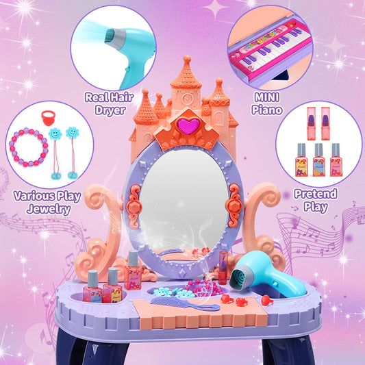 JoyStone Toddler Vanity Makeup Table with Mirror and Chair, Kids Makeup Vanity Set with Accessories, Lights, Music Sound, Organ, Princess Vanity Toys for Toddlers 2-5 Years Old