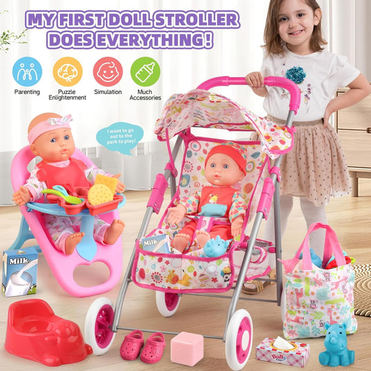 JoyStone Baby Doll Stroller Set Toys for Girls Toddler, Baby Doll Accessories and 2 Sets Doll Clothes for Realistic Pretend Play