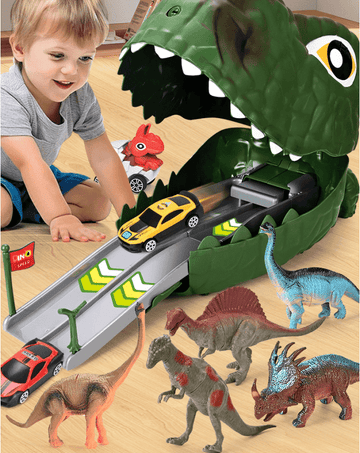JoyStone Dinosaur Toys for Kids, 77PCS Dinosaur Carrier Track Toys, Realistic Dino Figures Set with Eggs&Trees&Fence Playset, Great Gift for Toddler Boys & Girls, Light green