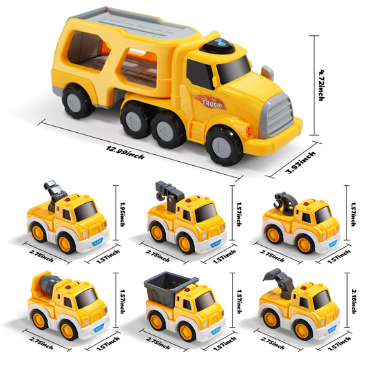 JoyStone 7 in 1 Construction Pull Back Construction Vehicles Friction Power Cars with Light and Sound, Carrier Toys for Kids for Kids Age 3-6, Christmas Birthday Gifts, Yellow