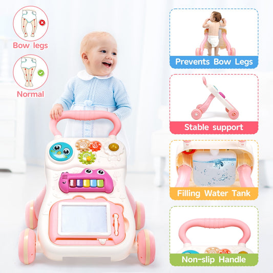 JoyStone 2 in 1 Baby Walker with Drawing Board, Kids Multiple Activity Center, Lights, Music, Early Learning Push Toys, Multifunctional Removable Play Panel, Toy Gift for Infant Boys Girls, Pink