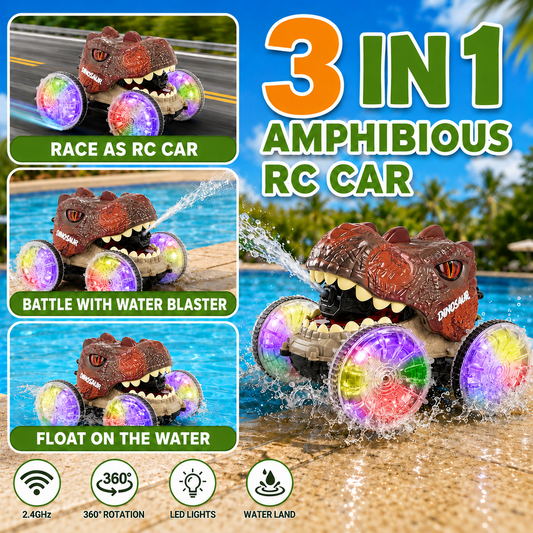 JoyStone Dinosaur Amphibious Remote Control Car for Water & Land with Water Machine, RC Monster Truck Toys with LED Lights, 360° Spins and Drifting for Boys Girls, Brown