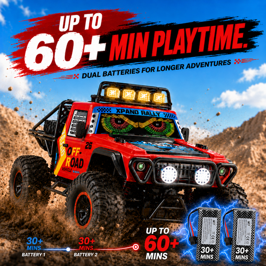 JoyStone 1:10 RC Car for Kids, 4WD Off-Road Monster Truck with Dynamic Eye Lights, Music, LED Headlights, 2 Batteries, 60+ Min Playtime, Remote Control Truck for Boys, Red