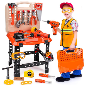 JoyStone 2 IN 1 Kids Tool Set Bench, 90PCS Realistic Toy Tools with Realistic Tools and Electric Drill, Learning Gift for Kids Age 3-7