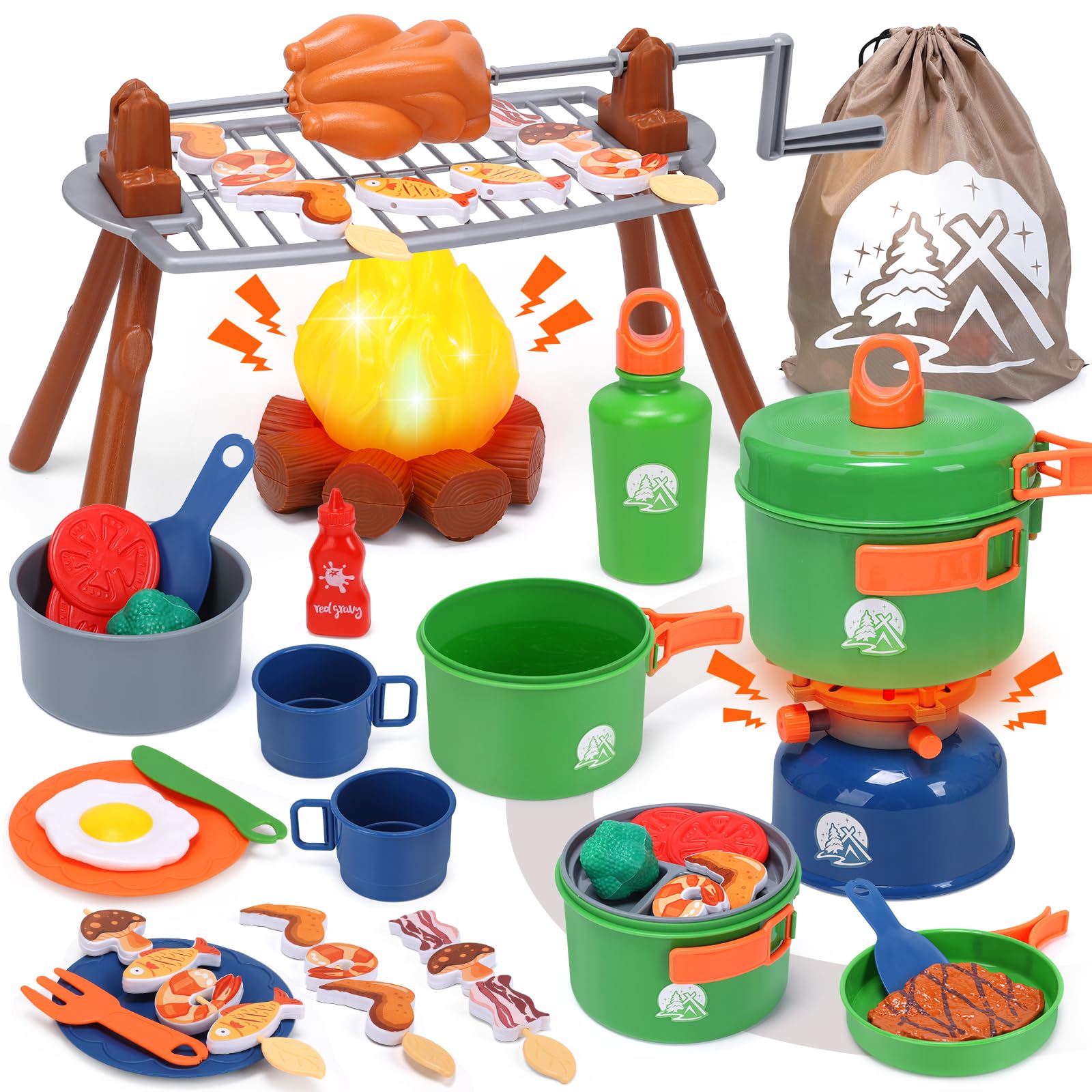 Kids Camping Playset with Light & Sound, 4-in-1 Campfire Toy Kitchen Set with BBQ Grill, Cooking Tools, Play Food & Storage Bag, Outdoor Pretend Play Gift for Kids