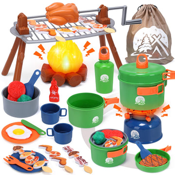 Kids Camping Playset with Light & Sound, 4-in-1 Campfire Toy Kitchen Set with BBQ Grill, Cooking Tools, Play Food & Storage Bag, Outdoor Pretend Play Gift for Kids