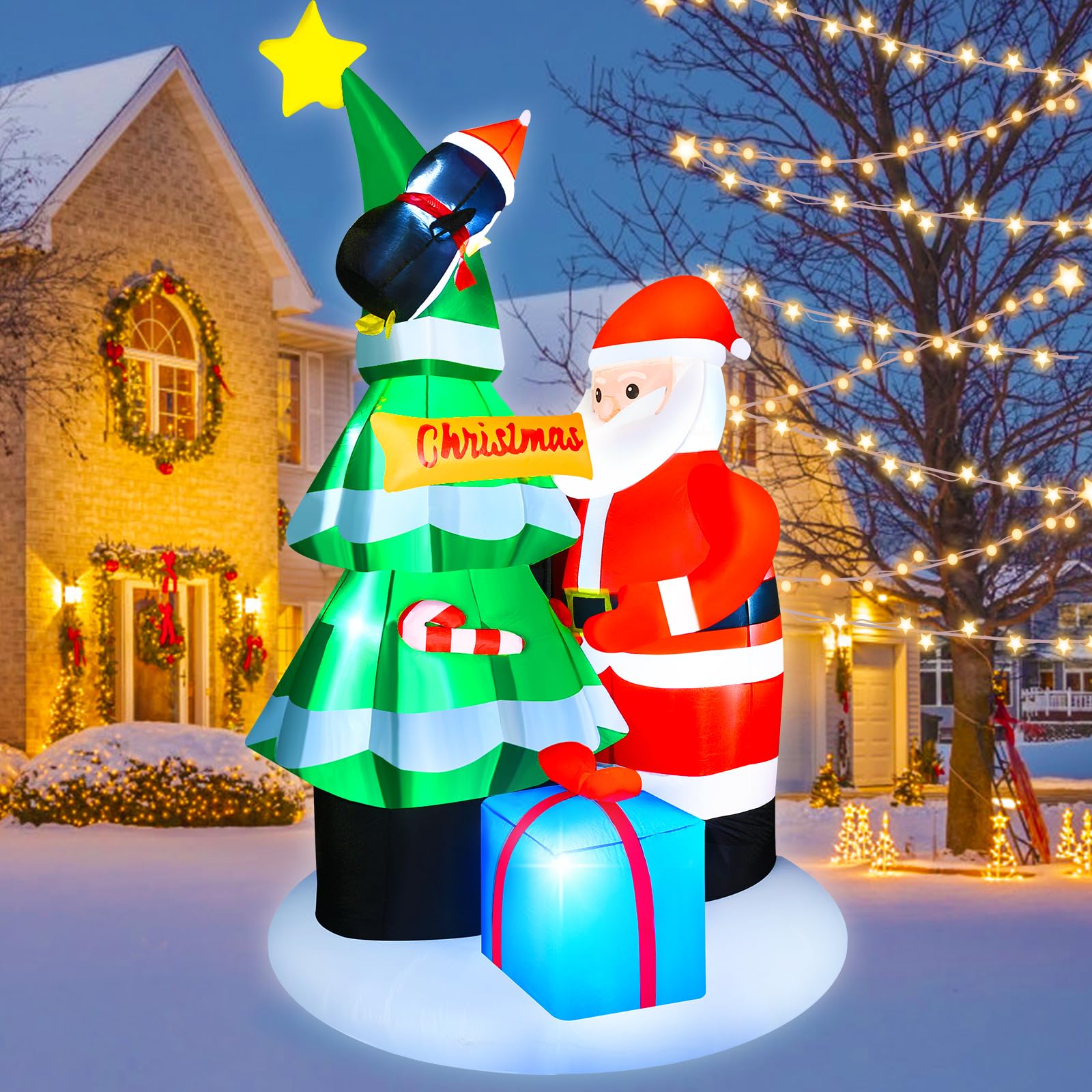 JoyStone 8FT Inflatable Christmas Decoration with Built-in LED Lights, Santa Claus and Tree with Gift Box, Blow Up Holiday Yard Decor for Outdoor Lawn Garden Display