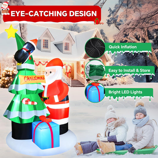 JoyStone 8FT Inflatable Christmas Decoration with Built-in LED Lights, Santa Claus and Tree with Gift Box, Blow Up Holiday Yard Decor for Outdoor Lawn Garden Display