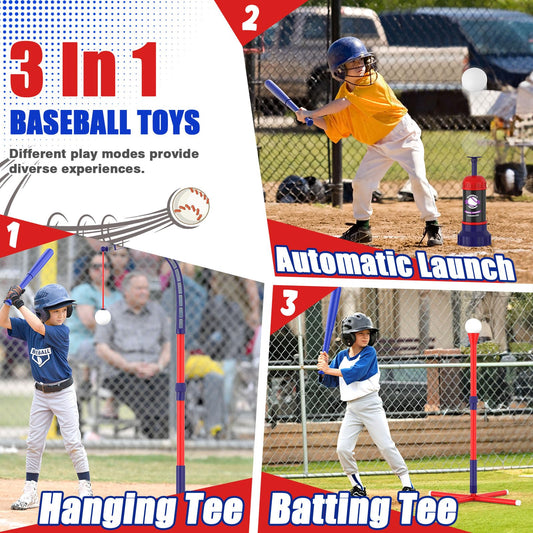 JoyStone 4-in-1 Baseball Set for Kids, Tee Ball Stand, Hanging Tee, Ball Launcher, Golf Clubs with 8pcs Training Golf Balls & Clubs Equipment, Indoor/Outdoor Sports Gifts for Boys, Pink