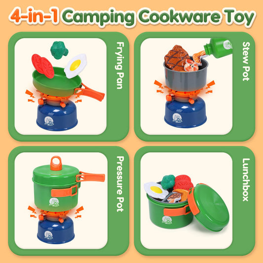 Kids Camping Playset with Light & Sound, 4-in-1 Campfire Toy Kitchen Set with BBQ Grill, Cooking Tools, Play Food & Storage Bag, Outdoor Pretend Play Gift for Kids