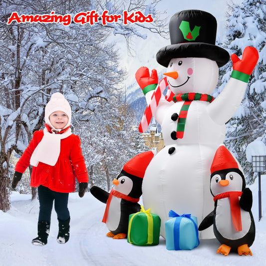 JoyStone 6FT Lighted Christmas Inflatable Santa Claus Embrace Snowman and Penguins with Rotating Colorful Lights, Blow Up Holiday Yard Decoration for Party Indoor Garden Lawn Xmas