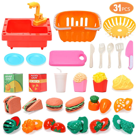 JoyStone 31PCS Cutting Play Food Sets for Kids, Pretend Play Kitchen Toys Accessories with Mini Toy Play Sink Educational Toy Food with Storage Basket