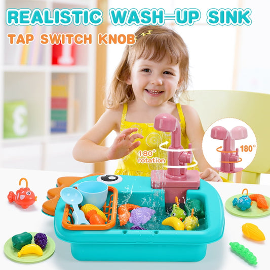 JoyStone Kitchen Play Sink Toys, Dinosaur Electronic Dishwasher Sink with Running Water, Fishing Game Toys and Play Food for Kids, Green