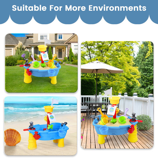 JoyStone Kids Sand Water Pirate Ship Table, 21PCS Sandbox Table Kids Activity Sensory Play Table Summer Outdoor Toys Gift for Toddler Boys Girls