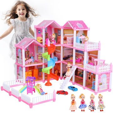 JoyStone Dollhouse, 11 Rooms Playhouse with 4 Dolls Playset with Furniture&Light Strip& Rotating Slide, Gift Toy for Kids Ages 3-8