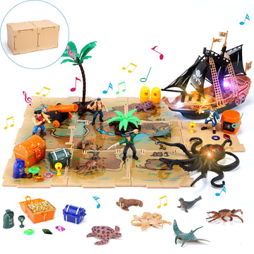 JoyStone 33 PCS Light and Sound Pirate Action Figure Toy Set with Map, Pirate Ship Toy, Boat, Octopus, Treasure Chest and More, Pirate Party Decorations, Cake Toppers, Gift for Kids Ages 3-8