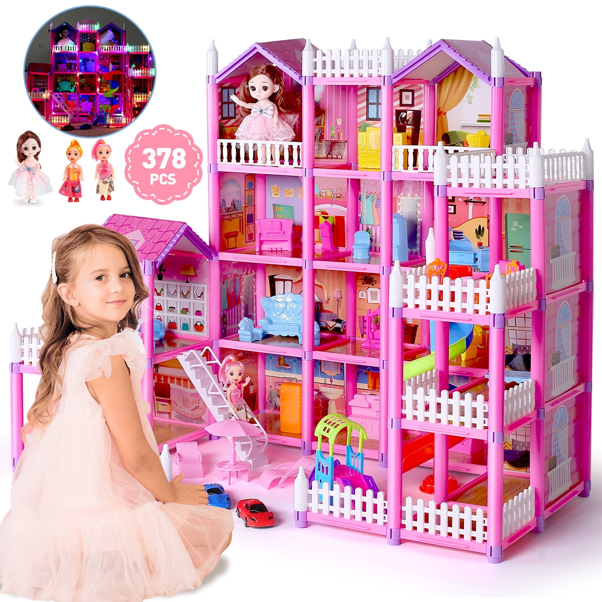 JoyStone DollHouse with Colorful Light, Pretend Play Toddler Doll House Furniture Sets with 3 Dolls, 20 Rooms DIY house, Creative Gift for Girls, Pink