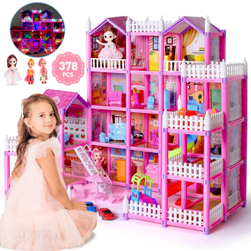 JoyStone DollHouse with Colorful Light, Pretend Play Toddler Doll House Furniture Sets with 3 Dolls, 20 Rooms DIY house, Creative Gift for Girls, Pink