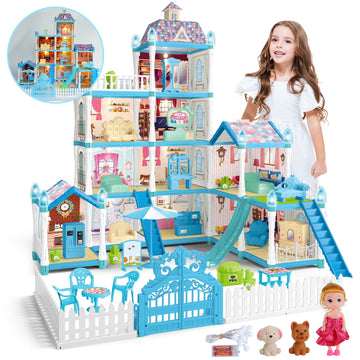 JoyStone DollHouse with Colorful Light and 11 Rooms for Girl, Huge Doll House DIY Pretend Toy, Dreamy Princess House for Kids Gifts Ages 4-8, Blue