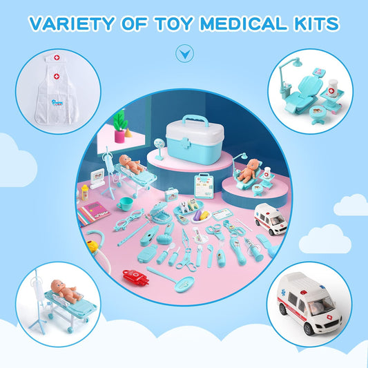 JoyStone 62Pcs Toy Medical Kits, Play Doctor Kits with Doll, Carrying Case, Dentist Toys for Kids, Toddler Doctor Roleplay Toys for Age 3+