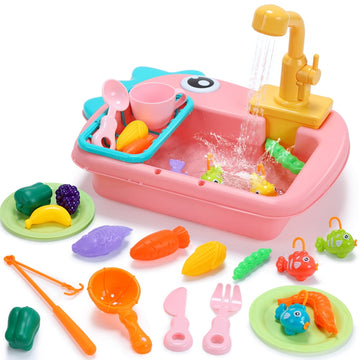 JoyStone Kitchen Play Sink Toys, Dinosaur Electronic Dishwasher Sink with Running Water, Fishing Game Toys and Play Food for Kids, Pink