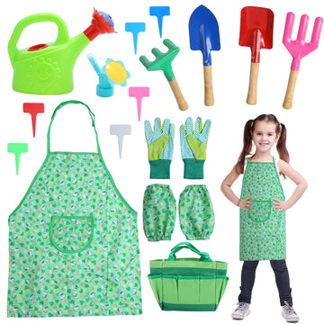 JoyStone 19 PCS Metal Garden Tools Set Include Child Safe Rake Shovel with Apron Gloves Watering Can Outdoor Toys Gift for Kids Age 3-8