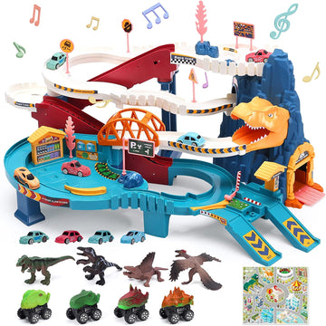 JoyStone Dinosaur Race Track Playset for Kids Boys, Race Car Track Toys with 4 Mini Cars & 4 Dino, Adventure Toy Vehicle Playset for 3-5 Years Old, Blue