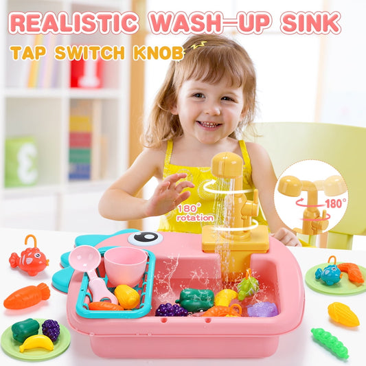 JoyStone Kitchen Play Sink Toys, Dinosaur Electronic Dishwasher Sink with Running Water, Fishing Game Toys and Play Food for Kids, Pink