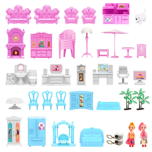 JoyStone Play Dollhouse with Doll Toy Figures and 14 Rooms Furniture and Accessories Creative Dollhouse Gift for Girls Toddler and Kids Ages 3+ Pink and Colorful Lights, Assemble Required