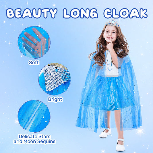 JoyStone Princess Cape Set 11 Pieces Dress Up Accessories Cloak with Tiara Crown Wand Gloves Presents Jewelry Toys for Toddler Girls 3-6 Years, Blue